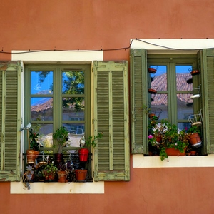 Deux fenêtres garnies de plantes avec volets - France  - collection de photos clin d'oeil, catégorie rues